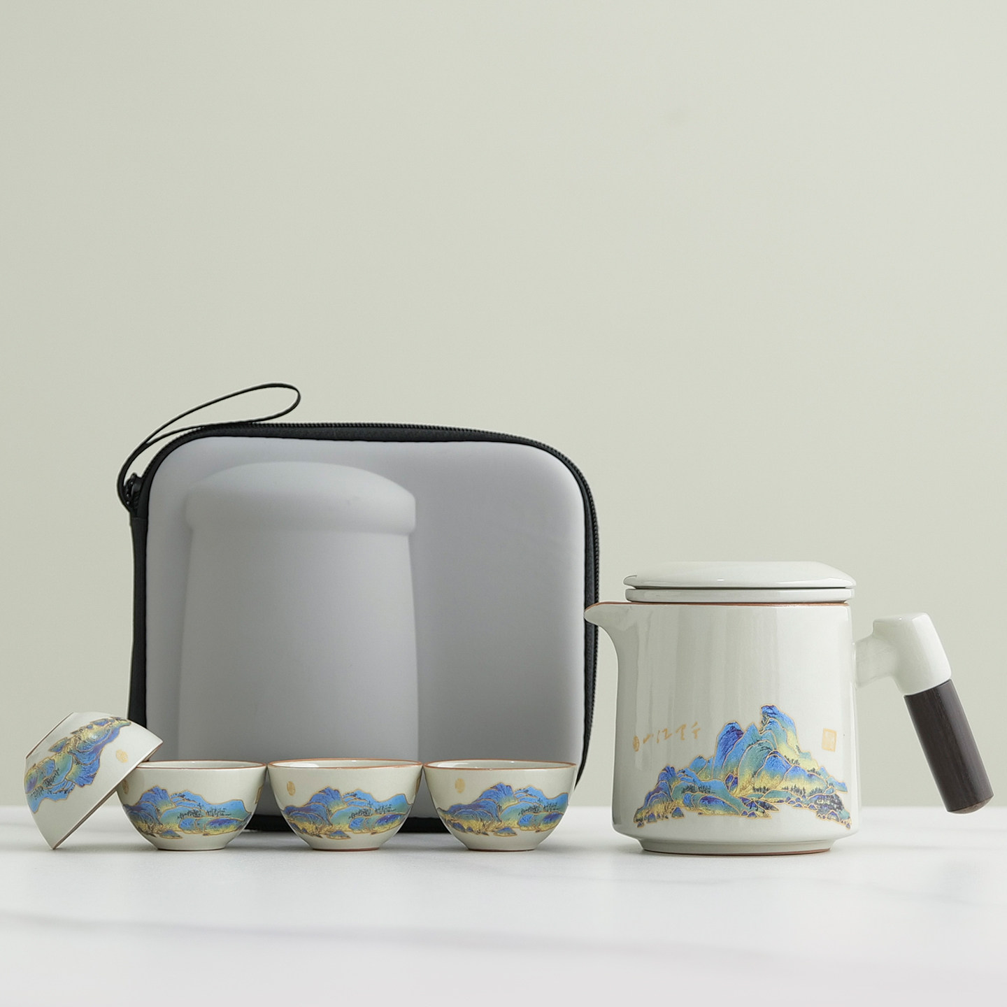 汝窑旅行茶具套装一壶四杯带柄便携式随身户外露营喝茶泡茶快客杯