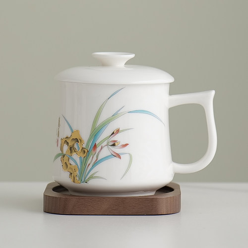 白瓷办公杯带盖水杯马克杯