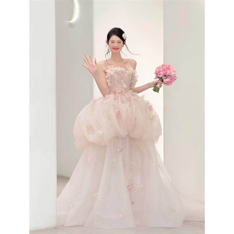 一字肩粉色晚礼服生日仙气公主裙毕业成人礼轻婚纱绝美晨袍洋装
