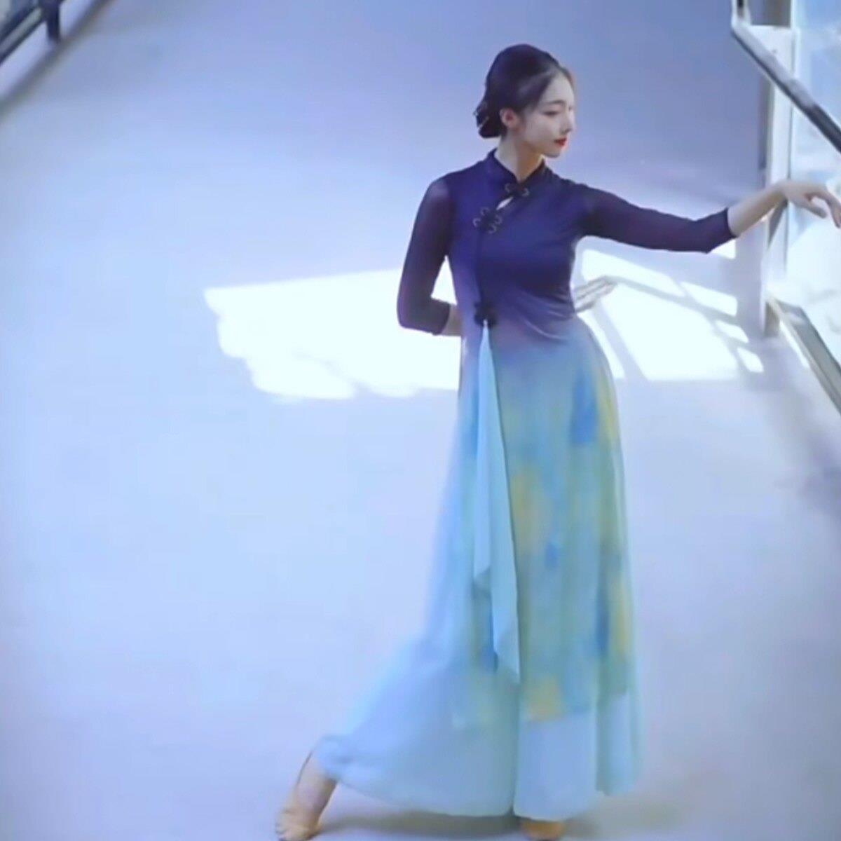 青花VLV舞蹈服装瓷大码演出服古中国风典舞表演旗服弹力袍领舞蹈