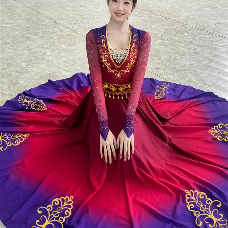新疆维吾尔族舞蹈演出服女艺考渐变色重工少数民族维族大摆练习裙