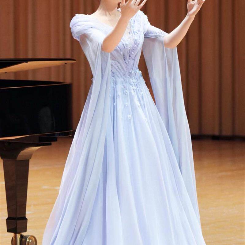 蓝色晚礼服高端女神轻奢大气质走秀披肩聚会宴会敬酒服年会主持人