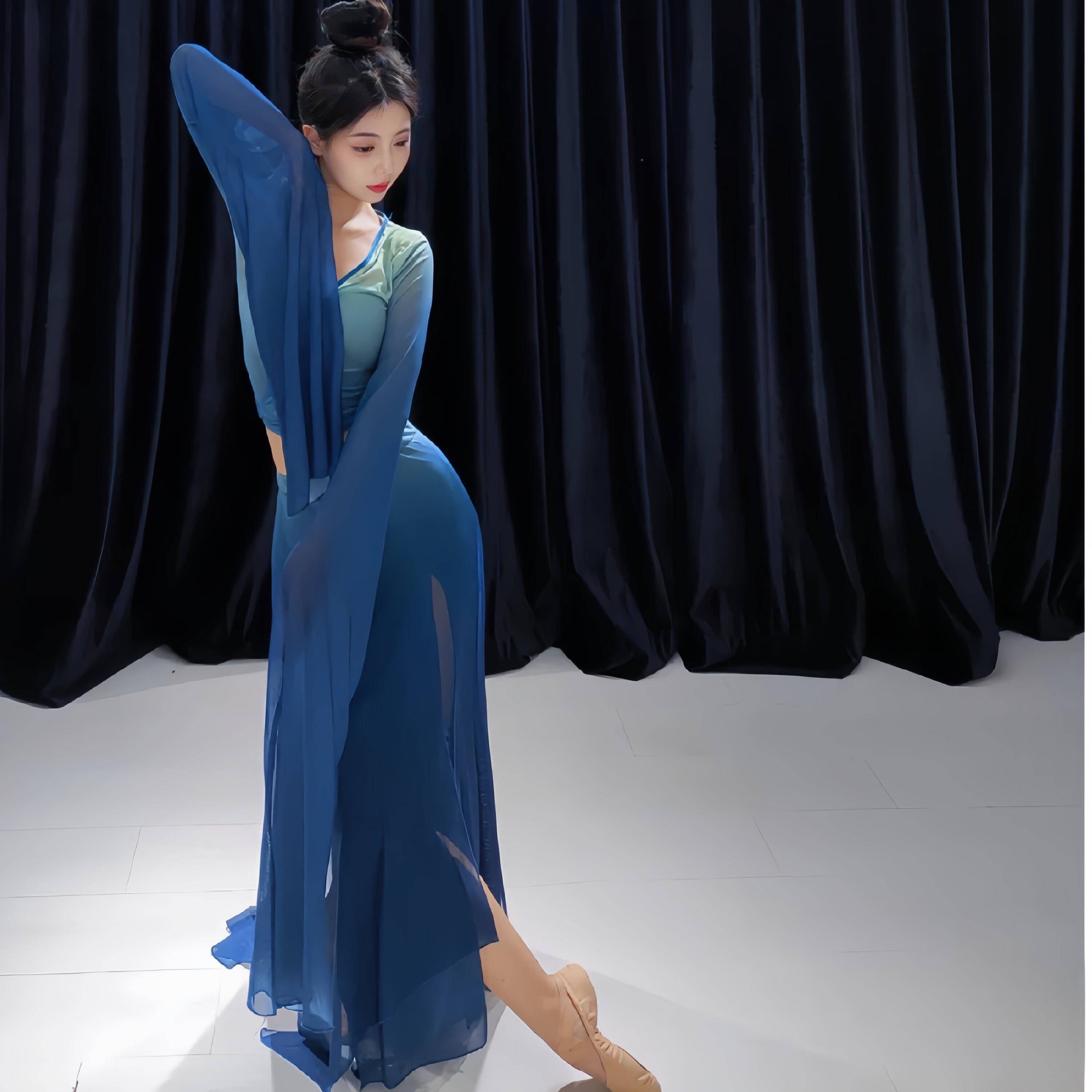 舞台开幕SBW式飘逸渐层甩袖水袖身练服练舞功蹈服装韵功服演出服