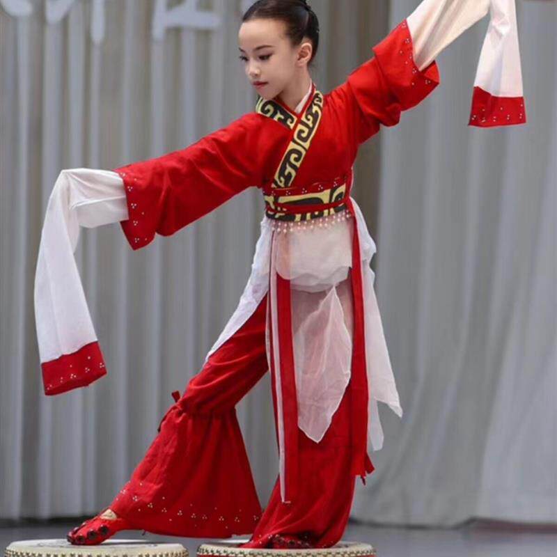 汉代鼓盘舞鼓踏飞燕女儿童水袖舞蹈衣服中国风飘逸梅花赋表演出装
