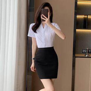 气质V领白色空姐制服套裙女春季 女职业装 工作服 衬衫 空乘职业套装