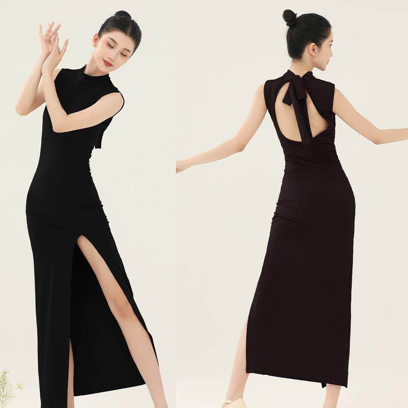 古典舞蹈旗袍专用性感开衩连衣裙黑色紧身显瘦针织长款爵士舞蹈裙