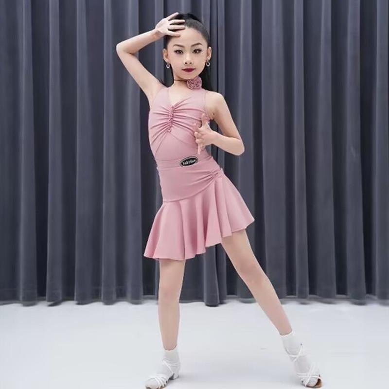拉丁舞服女童新款练功服夏季无骨大裙摆儿童分体无袖拉丁舞演出服
