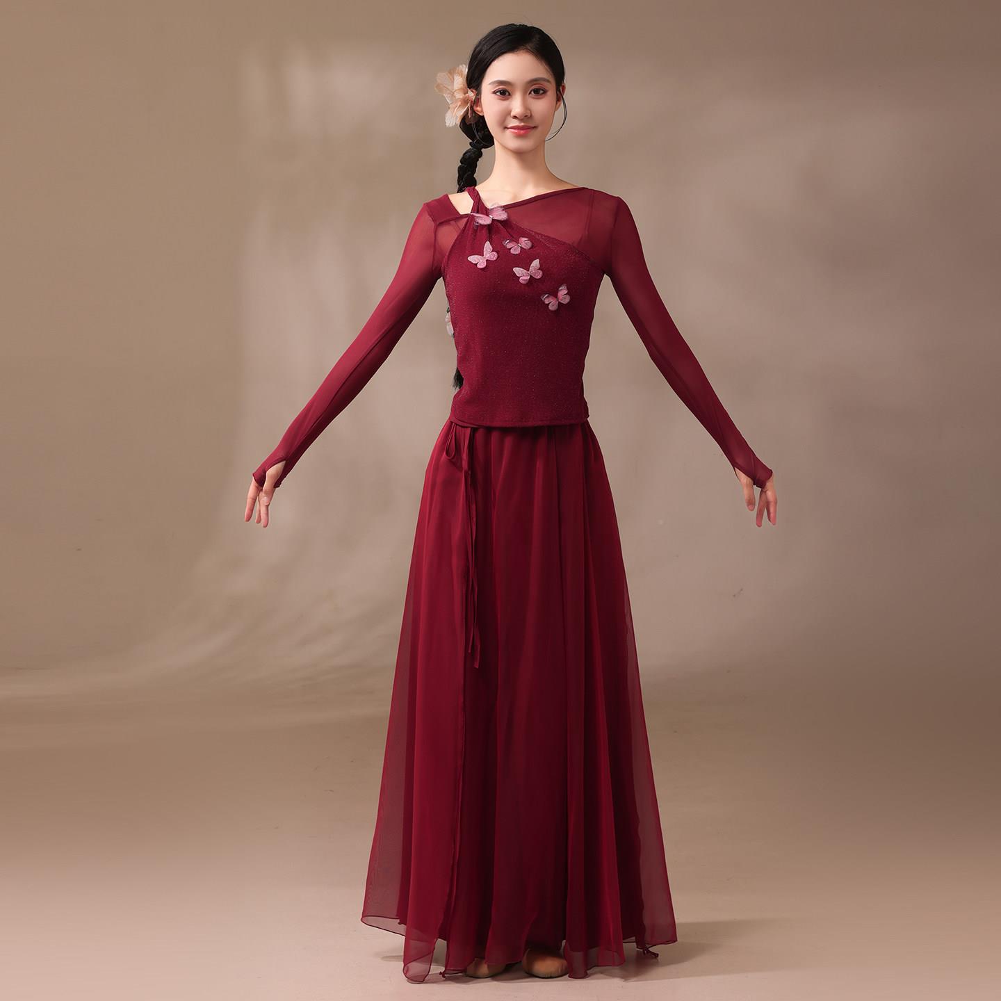 典舞舞蹈服练功服女红仙气飘逸蝴H918蝶纱色衣长版演出服中国风古