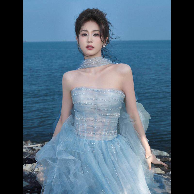 白鹿同款蓝色抹胸重工小晚礼服裙高级感生日宴会演出服2025新款女