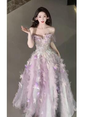 紫色晚礼服高端轻奢小众学生日成人礼订婚公主裙艺考主持毕业演出