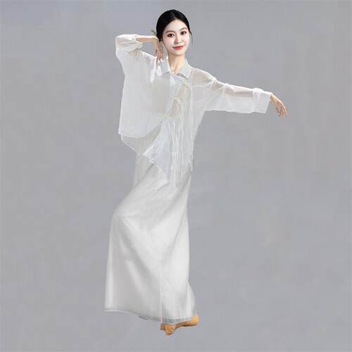 现代舞衬衫练功服套装女白色飘逸宽松不规则上衣古典舞蹈服演出服
