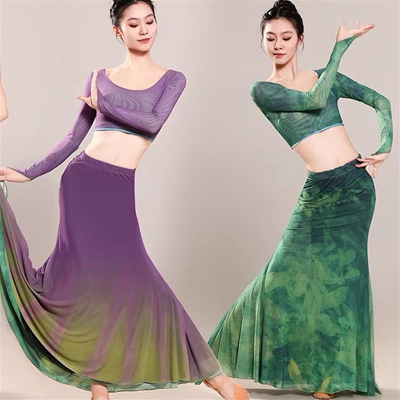 诗意花朵舞蹈服傣族服装双面双色傣族舞裙舞蹈演出服女练习裙长袖