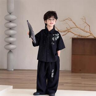 高端男童汉服儿童闪亮唐装礼服夏季小男孩演出服装中国风短袖套装