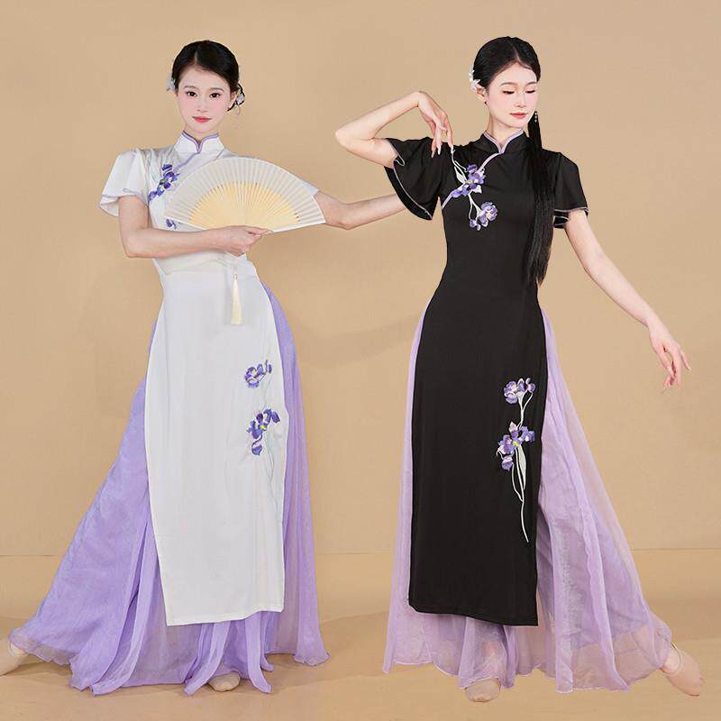 古典舞蹈服女新中式身韵刺绣旗袍练功服套装中国风民族舞演出服装