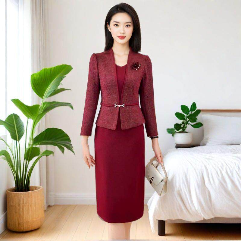 喜妈妈婚宴假两件套装长袖礼服连衣裙2025秋冬收腰显瘦中长款裙子