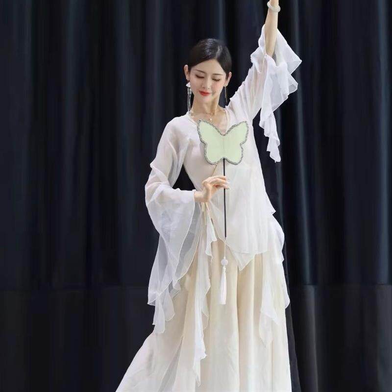 古典舞蹈服装白色超仙飘逸雪纺大袖纱衣女中国舞练功服艺考演出服