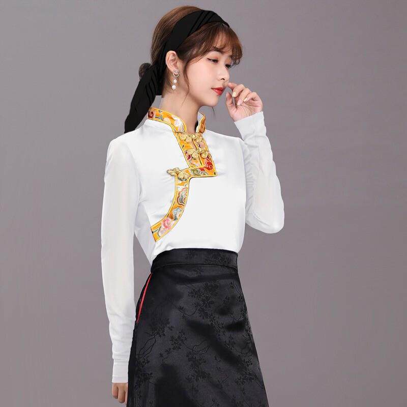 民族风上衣长袖网纱春秋季藏族女装夏锅庄舞蹈服大尺码宽松藏服T