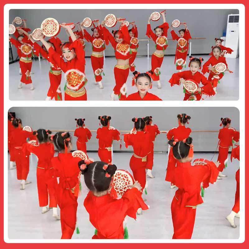 童开门红新年节日儿演服装舞蹈击鼓中国表演秧子RXV歌扇表舞服装