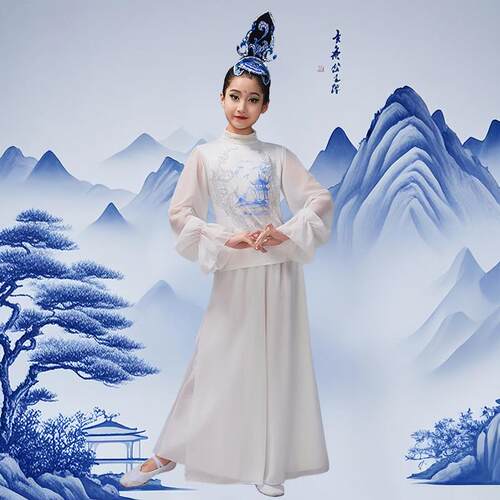 儿童古舞演出服花瓷子舞表演服JEP典装女童民族扇中国风舞蹈青服