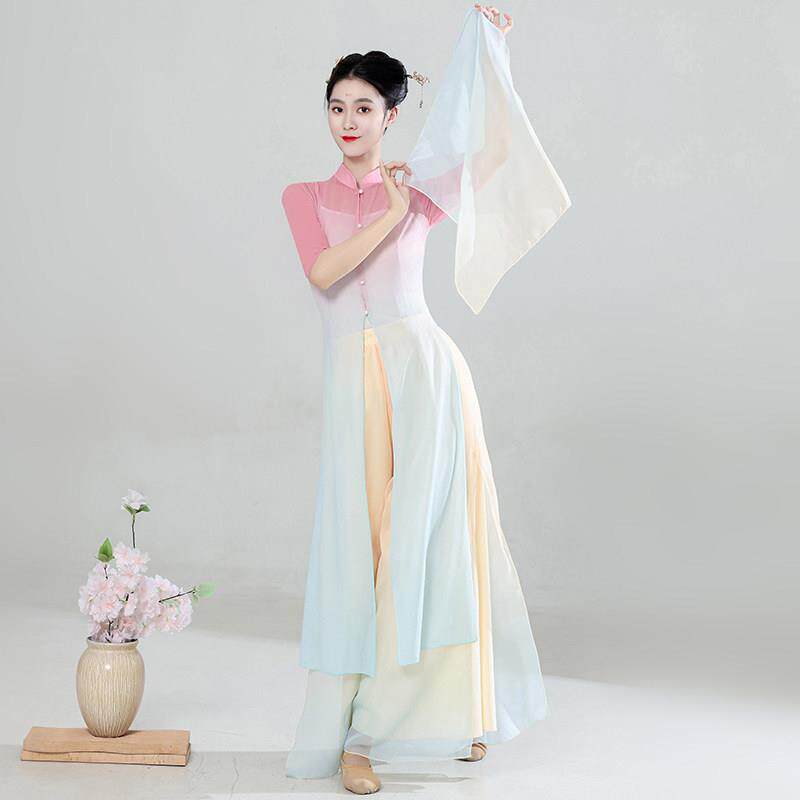 古典舞表6666蹈练服女飘逸旗袍舞蹈弹力网功服演长款纱衣中国舞演
