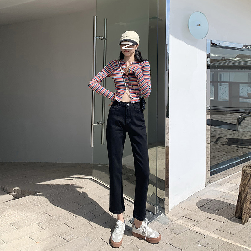 OROI黑色直筒牛仔裤女2021年秋冬季新款小个子高腰显瘦宽松烟管裤