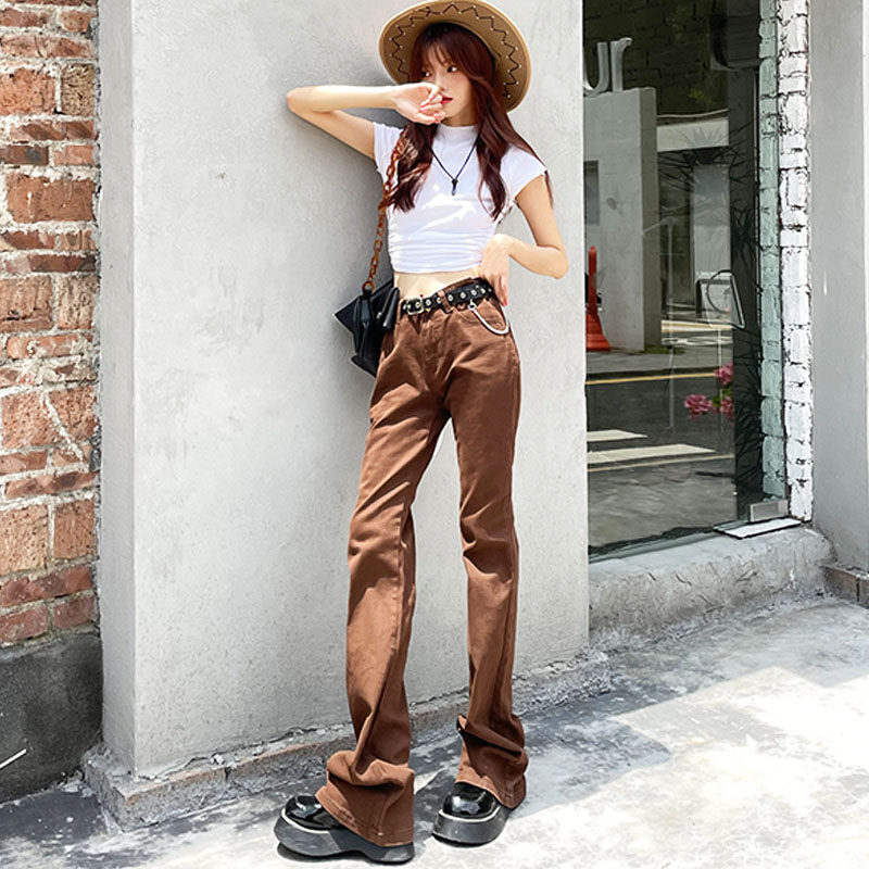 OROI韩系复古辣妹喇叭牛仔裤女2022春季新款超弹高腰修身阔腿裤子