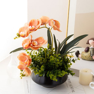 仿真蝴蝶兰橙色假花新中式古典盆栽客厅书房餐桌装饰绿植小摆件设