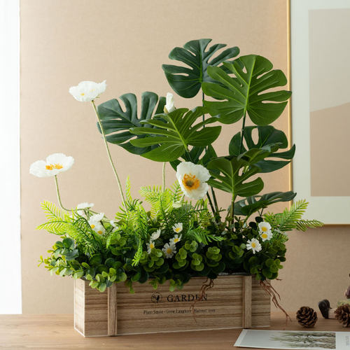 采购产品模拟绿色植物，人造花，木栅栏，高端植物组合，室内桌面