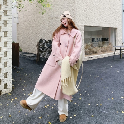 粉色牛角扣双面羊绒大衣女巨好看