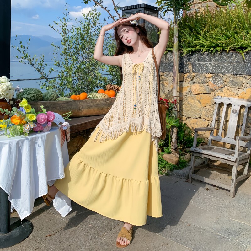 法式度假风罩衫吊带连衣裙套装女2026夏季新款镂空流苏两件套长裙