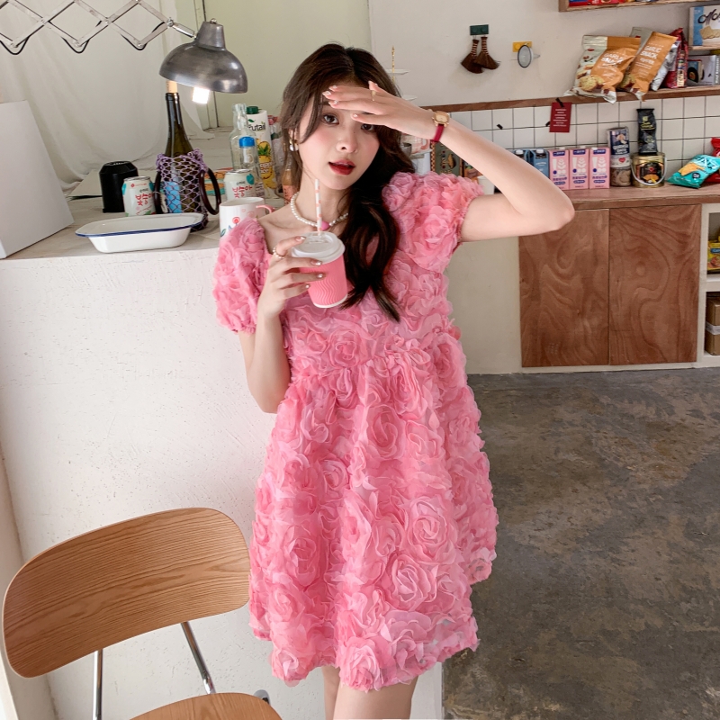 粉色仙女超仙玫瑰花瓣连衣裙女小个子泡泡袖设计感甜美初恋公主裙