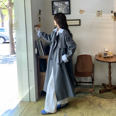 撞色拼接过膝风衣外套女翻领复古