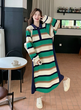 绿色条纹撞色连衣裙女春秋季超好看韩版宽松休闲慵懒风polo领长裙