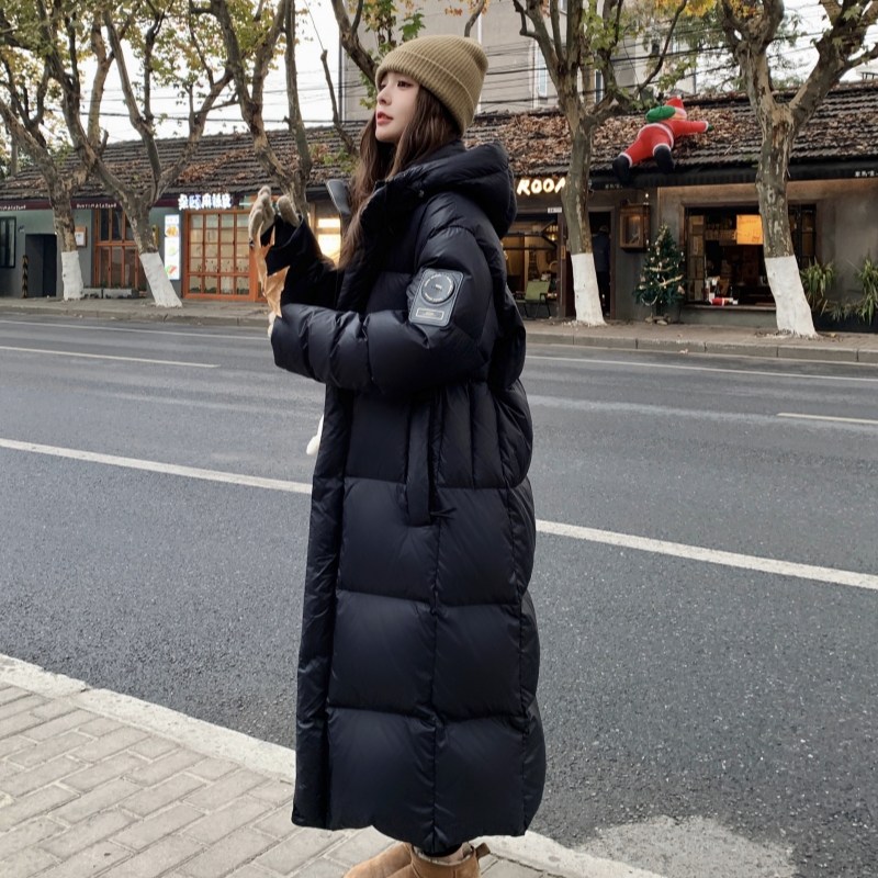 黑金鹅绒长款羽绒服女冬到脚踝韩版宽松东北加厚过膝连帽保暖外套