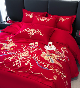 高档龙凤刺绣婚庆四件套大红色新房喜嫁被套床单结婚陪嫁床上用品