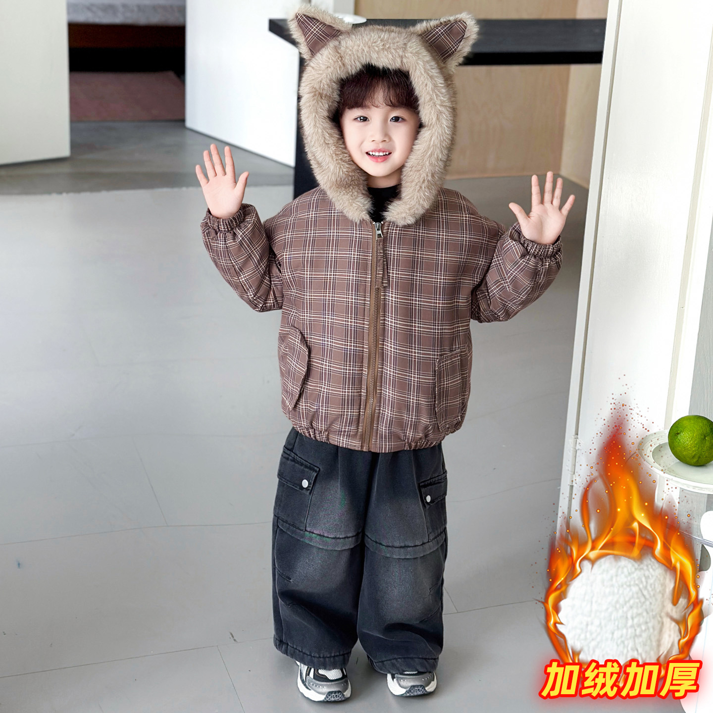 男童连帽格子棉衣儿童冬款户外