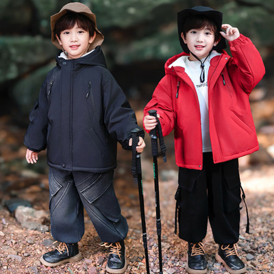 儿童加绒外套男童派克服秋冬装