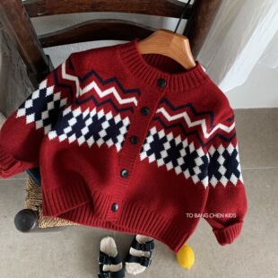 邦诚儿童针织开衫冬季新款男童红色毛衣外套中小童喜庆冬装潮
