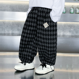 男童加绒格子裤子2025新款儿童冬装羊羔绒加厚长裤宝宝休闲灯笼裤