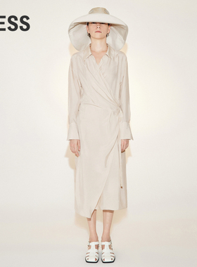 LESS白色裙子女法式气质斜门襟收腰长袖衬衫领连衣裙2N4G12870