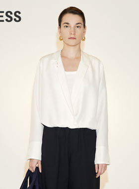LESS春季桑蚕真丝衬衣女休闲宽松双层西装领白色衬衫2N3211660