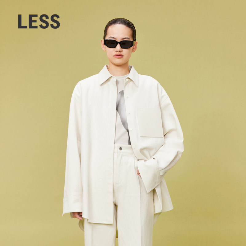 LESS春暗扣棉质汉麻宽松拼接牛仔皮大口袋长袖衬衫2O22104