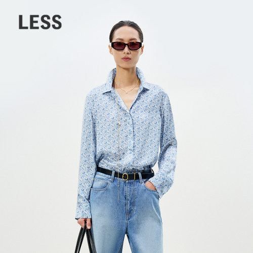 LESS春气质印花衬衫女复古设计感上衣含桑蚕丝蓝色衬衣2P1212510