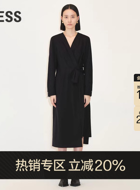 LESS春季绵羊毛裙子女气质收腰开叉V领中长款连衣裙2N1G10720