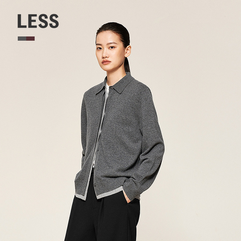 LESS秋含绵羊毛翻领拼色针织衫长袖短款开襟羊绒衫女2O9314