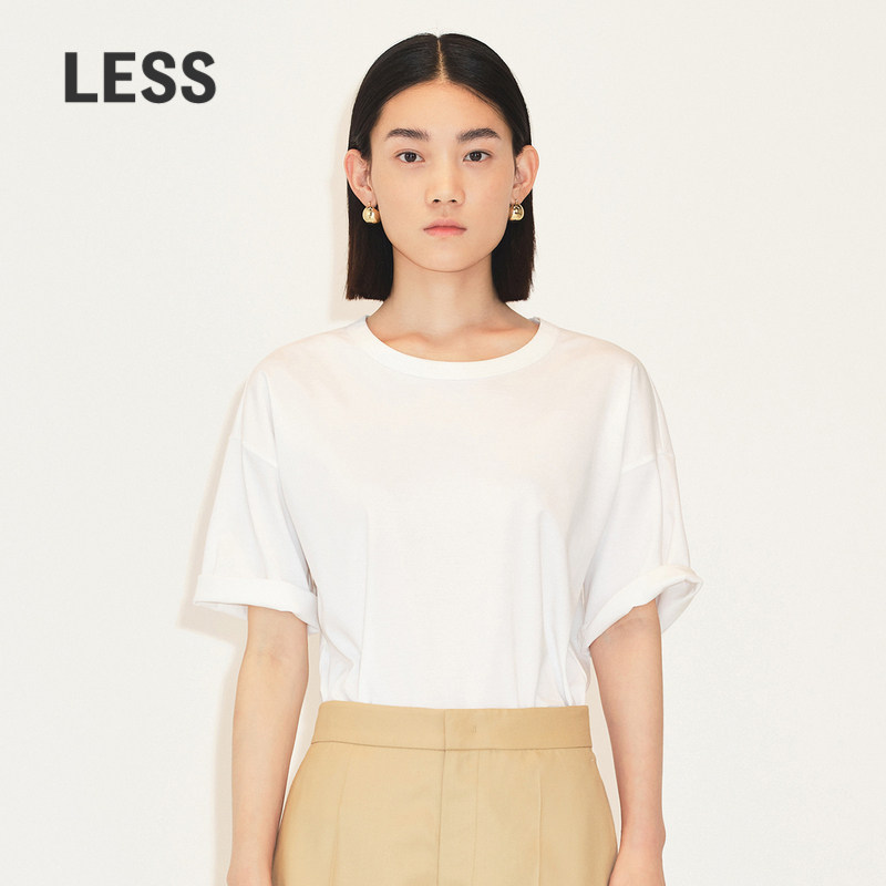 LESS秋季棉质短袖女简约宽松舒适圆领纯色T恤2M7111000