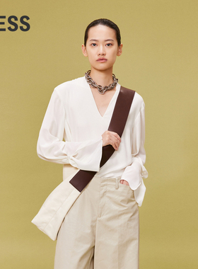 LESS春桑蚕真丝垂坠气质优雅V领纯色基础休闲套头衬衫2O2211150