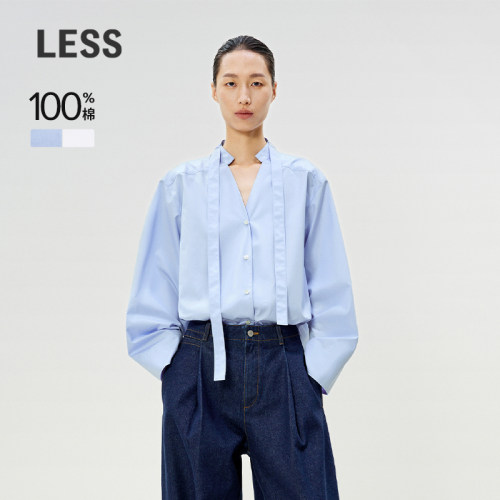 LESS春全棉衬衣立领长袖宽松休闲衬衫简约蓝色上衣女2P1213800