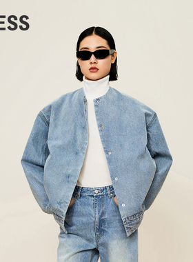 LESS冬季休闲简约无领口宽松棉质时尚牛仔羽绒服女2O0C23140