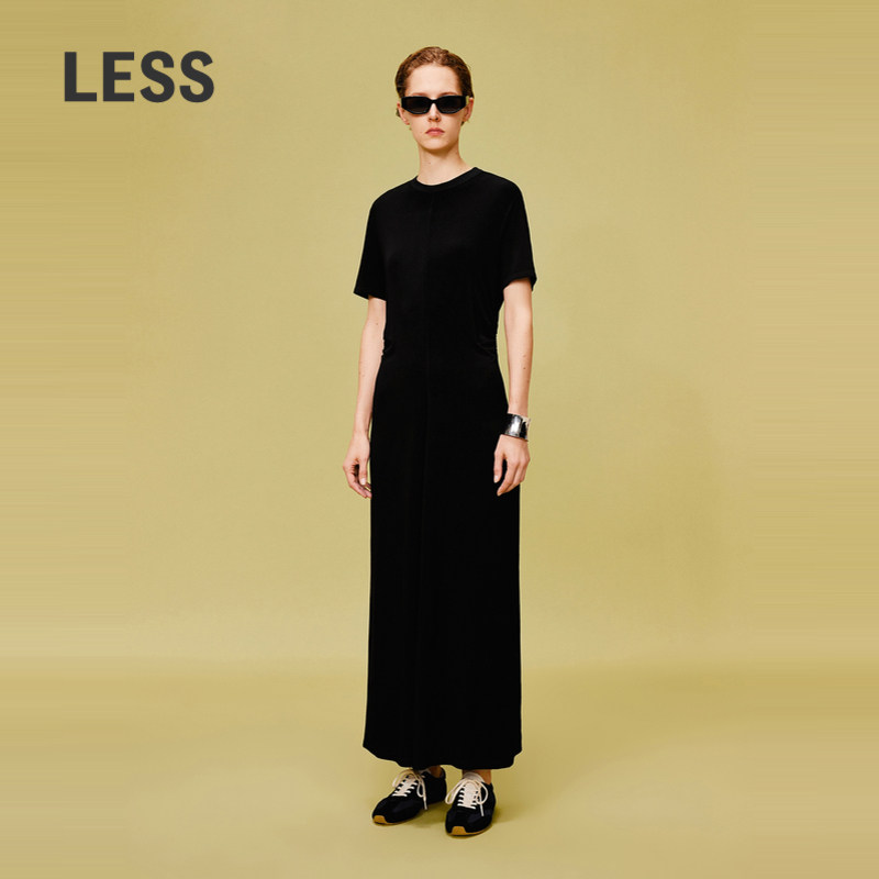 LESS黑色短袖连衣裙女圆领腰部抽褶收腰修身长款裙子2O3G13920,女装/女士精品,连衣裙,淘宝优惠券,粉丝福利购,淘宝优惠卷